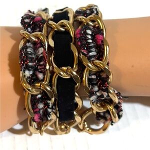 Layered Gold Chain Wrap Bracelet Set with Black and Pink Accents